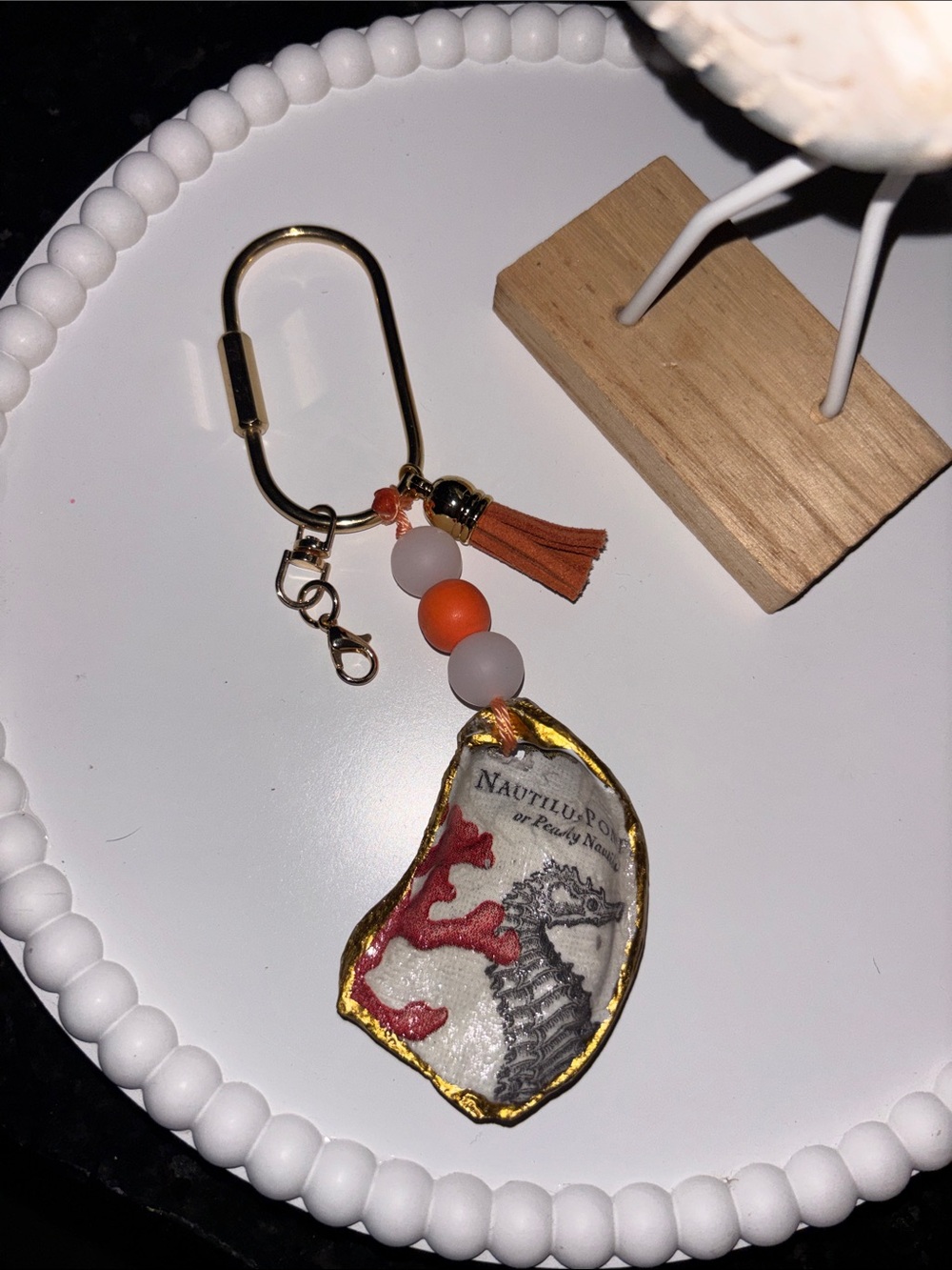 Figure eight island NC oyster shell  Seahorse Keychain/bag charm with Tassel